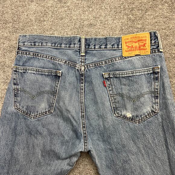 Levis 505 Jeans Mens 34x34 Blue Denim 5-Pocket Mid Rise Straight Leg Zip Fly - Picture 5 of 14